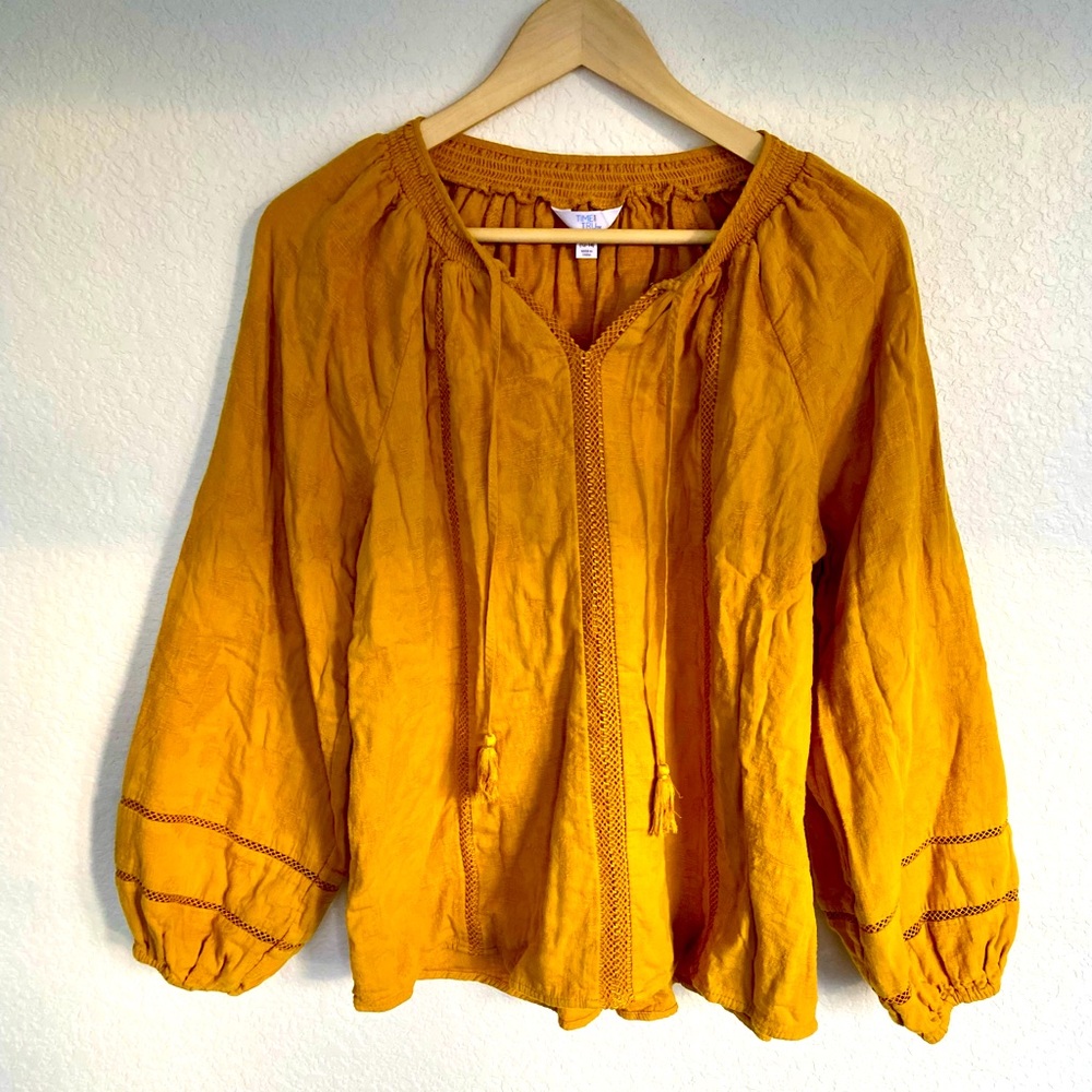 Mustard Yellow Boho Lantern Sleeve Women’s Blouse
